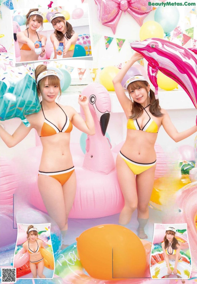 A woman in a bikini standing next to a pink flamingo.