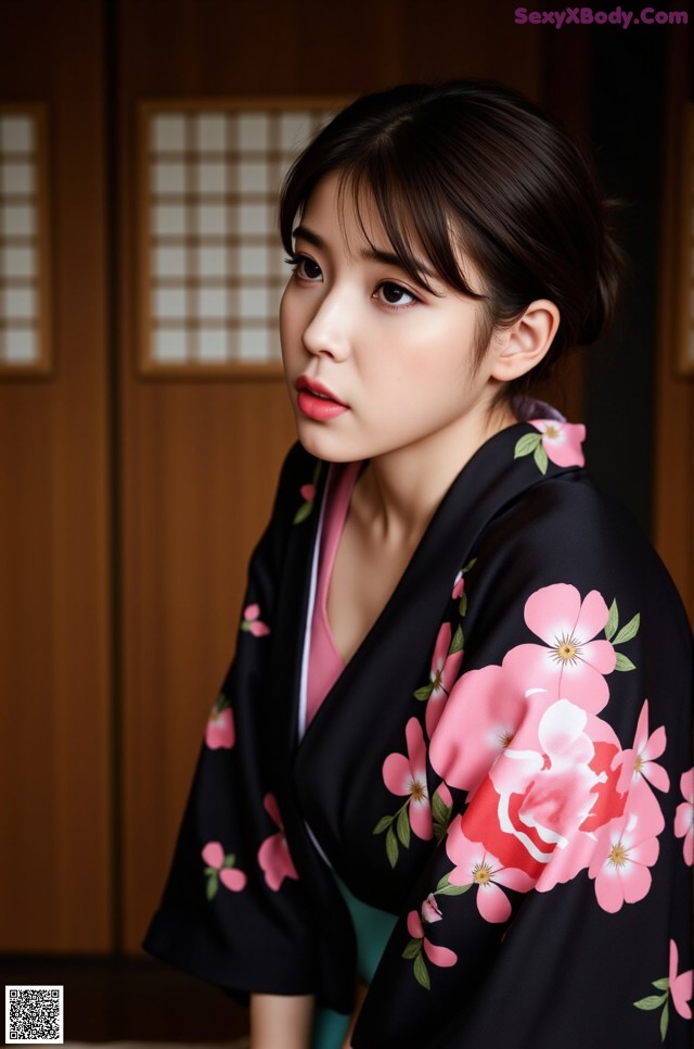 A woman in a black kimono with pink flowers on it.