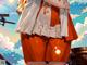 Anime girl in orange shorts and a white shirt is standing in front of a cannon.